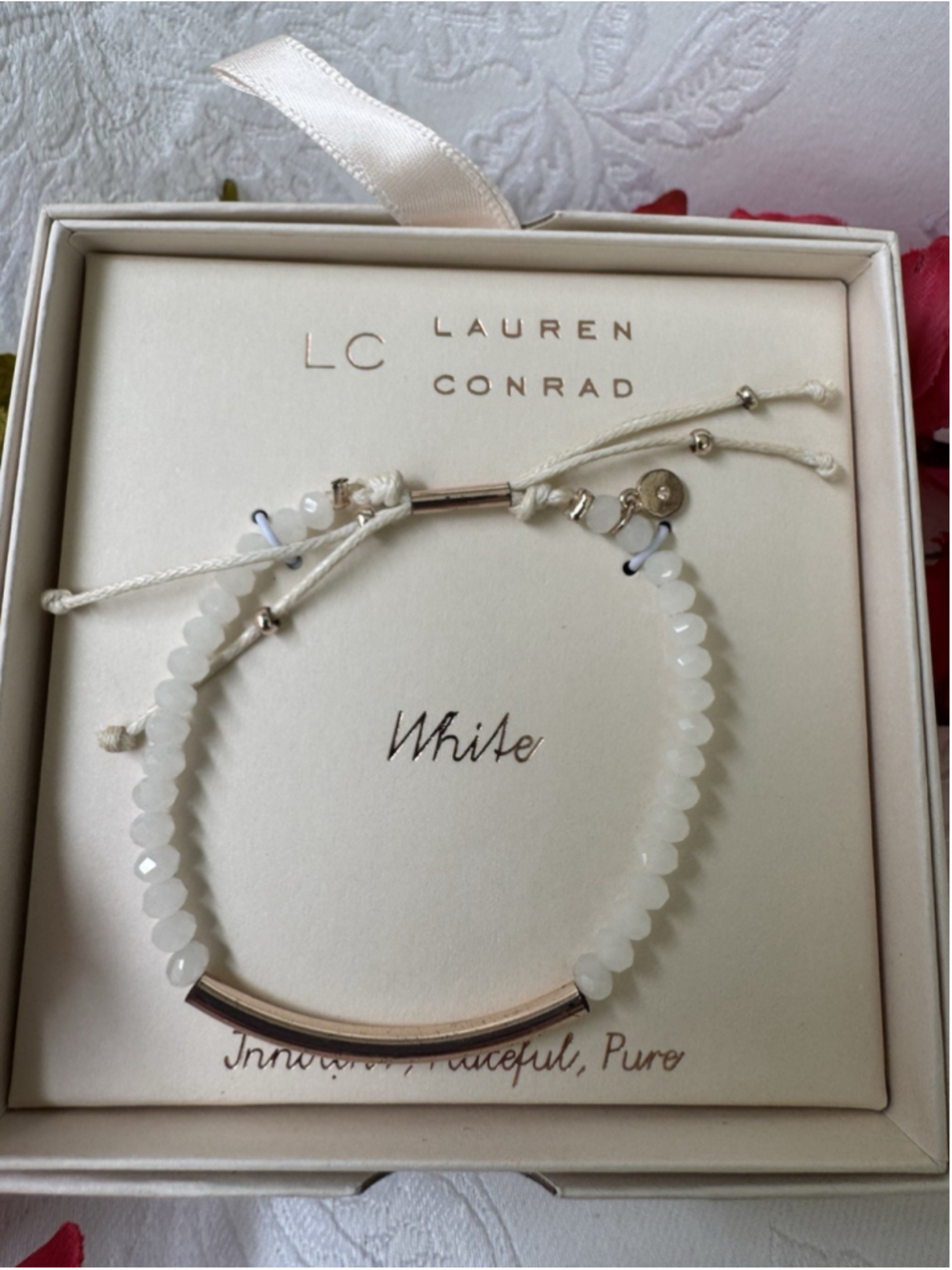 LC Lauren Conrad Dainty Goldtone White Peace Adjustable Slide Bracelet Boxed NEW